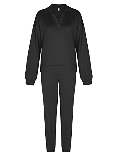 REORIA Damen langarm Trainingsanzug Sweat Suit V Neck Hausanzug Jogginganzug Freizeitanzug Sportanzug Set Schwarz XL von REORIA