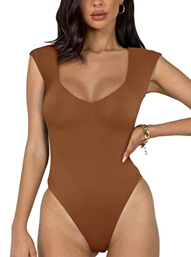 REORIA Damen sexy lässiger doppelt gefütterter ärmelloser Schlankheits Body mit V-Ausschnitt Shapewear Formende Bodys Braun L von REORIA