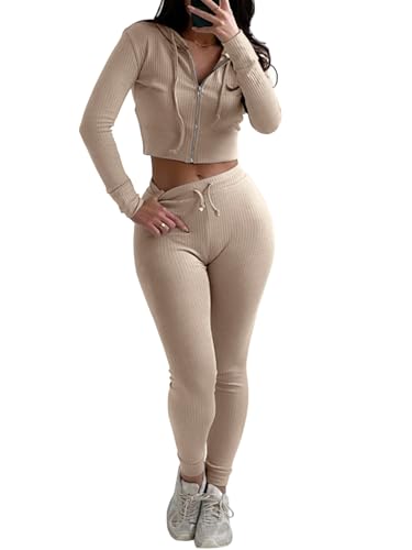 REORIA Damen trainingsanzug Zweiteiliges Outfit mit Kapuze bauchfreiem Top und schmaler langer Hose dicke warme Baumwolle Jogginganzüge Khaki S von REORIA