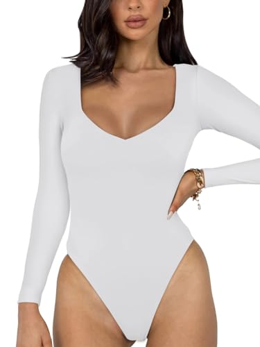 REORIA Sexy Basic Bodysuit für Damen mit V Ausschnitt und langen Ärmeln doppelt gefüttert nahtlos schlankmachend für den Herbst trendig zum Ausgehen Tanga Body Oberteil Weiß S von REORIA