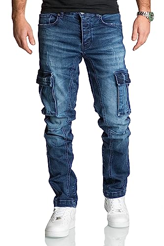 REPUBLIX Herren Cargo Jeans Regular Slim Denim Hose Destroyed R7977 Dunkelblau W36/L32 von REPUBLIX