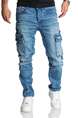 REPUBLIX Herren Cargo Jeans Regular Slim Denim Hose Destroyed R7977 Hellblau W29/L30 von REPUBLIX