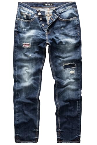 REPUBLIX Herren Jeans Regular Straight Fit Denim Hose Destroyed Dunkelblau (Patches) W30/L32 von REPUBLIX