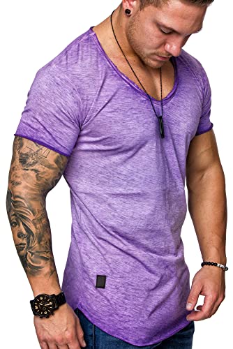 REPUBLIX Oversize Herren Vintage T-Shirt V-Neck Basic V-Ausschnitt Shirt R0608 Lila XL von REPUBLIX