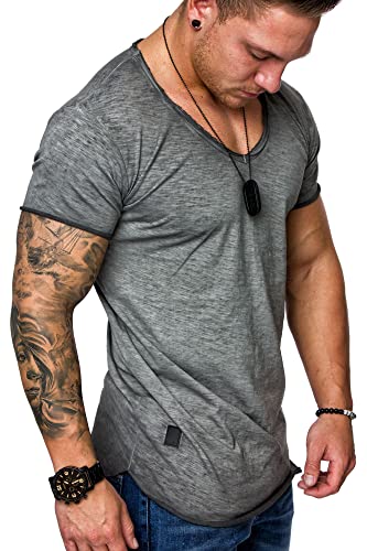 REPUBLIX Oversize Herren Vintage T-Shirt Verwaschen V-Neck Basic V-Ausschnitt Shirt R0634 Anthrazit XL von REPUBLIX