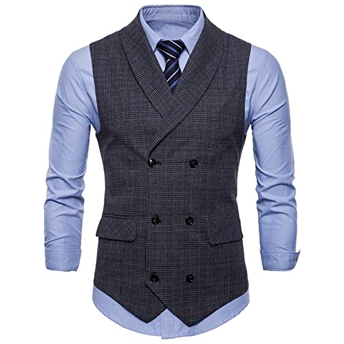 Basic Weste Herren Retro Kariert Revers Zweireihig Tweed Weste Herren Slim Fit Ärmellos Spleißen Design Business Weste Herren Urban Gentlemanhafter Stil Casual Weste Herren D-Grey1 4XL von REVHQ