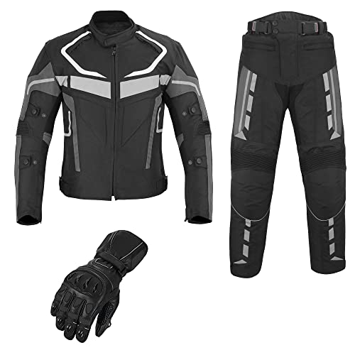 REXTEK Herren Motorrad Motorrad 2-teiliger Anzug Cordstoff Textil Motorrad Jacke Hose mit Schutzhandschuhen Leder CE-Protektoren, Grau/Schwarz, M von REXTEK