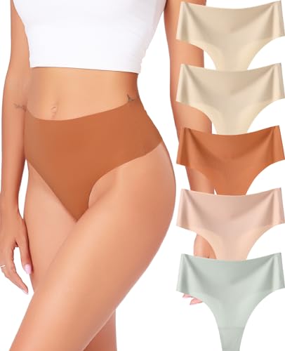 RHYFF String Tanga Damen Unterwäsche Nahtlose Unterhosen Damen Bauchweg Pants Ladies High Waist Slips Damen Mehrpack 5er-Pack XS-XL(RDE0835L-Skin) von RHYFF