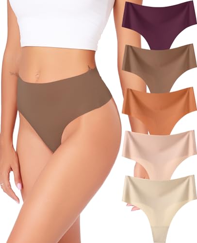 RHYFF String Tanga Damen Unterwäsche Nahtlose Unterhosen Damen Bauchweg Pants Ladies High Waist Slips Damen Mehrpack 5er-Pack XS-XL(RDE0835M-Coffe) von RHYFF