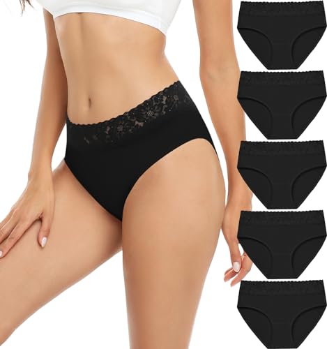 RHYFF Unterhosen Damen Baumwolle Damenunterwäsche Spitzenslips Atmungsaktiver Hipster Weiche Höschen 5er-Pack S-3XL(RDE6004M-Black) von RHYFF