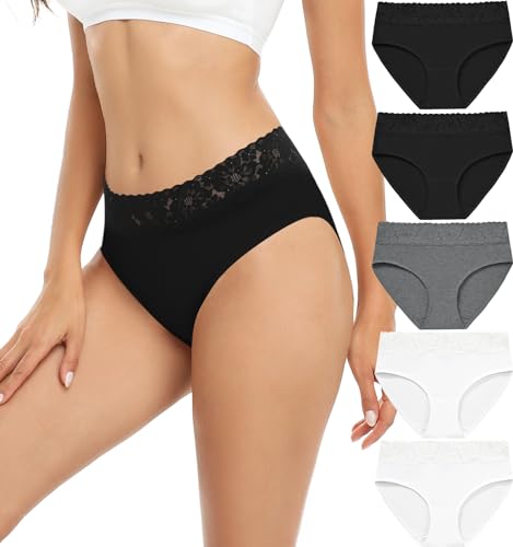 RHYFF Unterhosen Damen Baumwolle Damenunterwäsche Spitzenslips Atmungsaktiver Hipster Weiche Höschen 5er-Pack S-3XL(RDE6004M-BlackWhite) von RHYFF