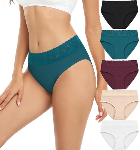 RHYFF Unterhosen Damen Baumwolle Damenunterwäsche Spitzenslips Atmungsaktiver Hipster Weiche Höschen 5er-Pack S-3XL(RDE6004M-Dark) von RHYFF