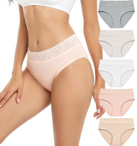 RHYFF Unterhosen Damen Baumwolle Damenunterwäsche Spitzenslips Atmungsaktiver Hipster Weiche Höschen 5er-Pack S-3XL(RDE6004M-Light) von RHYFF