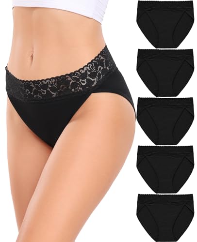 RHYFF Unterhosen Damen Baumwolle Hipster Unterwäsche Frauen Spitze Slip Damen Atmungsaktiv Stretch Panties Damen Weich Damen Slips Mehrpack S-XXL(RDE3168M-Black) von RHYFF