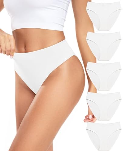 RHYFF Unterhosen Damen Baumwolle Hochgeschnittenes Slip Damen Atmungsaktiv Hipster Unterwäsche Damen Stretch Weich Pantys 5er-Pack S-XXL(RDE3178L-White) von RHYFF