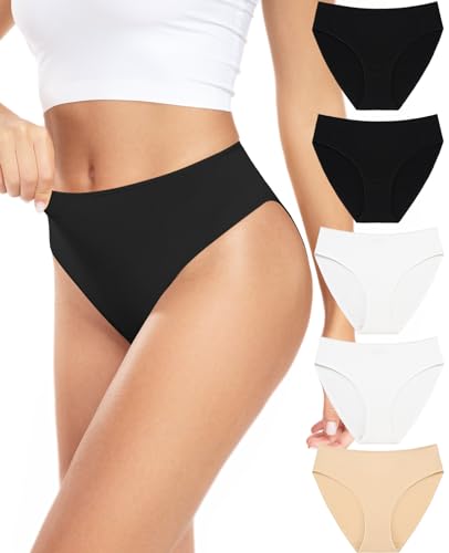 RHYFF Unterhosen Damen Baumwolle Hochgeschnittenes Slip Damen Atmungsaktiv Hipster Unterwäsche Damen Stretch Weich Pantys 5er-Pack S-XXL(RDE3178S-WhiteNude) von RHYFF