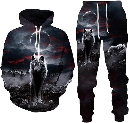 RIAAJ 3D Druckstile Wolf Herren Trainingsanzug,Hoodies+Lange Hose, Jogginganzug, 2-teiliges Set für Herren (2XL,A4) von RIAAJ