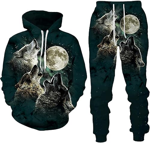 RIAAJ 3D Druckstile Wolf Herren Trainingsanzug,Hoodies+Lange Hose, Jogginganzug, 2-teiliges Set für Herren (3XL,A3) von RIAAJ