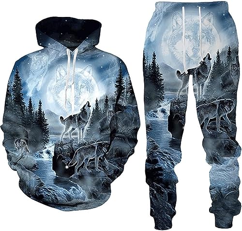 RIAAJ 3D Druckstile Wolf Herren Trainingsanzug,Hoodies+Lange Hose, Jogginganzug, 2-teiliges Set für Herren (4XL,A5) von RIAAJ