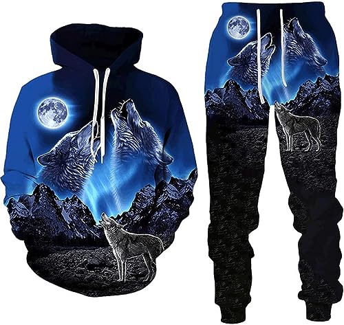 RIAAJ 3D Druckstile Wolf Herren Trainingsanzug,Hoodies+Lange Hose, Jogginganzug, 2-teiliges Set für Herren (M,A1) von RIAAJ