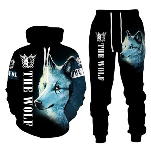 RIAAJ 3D wolf Jogginganzug Herren Jogging Sportanzug Fitness Sporthose Hose Hoodie Herren Trainingsanzug Zweiteiliges Set Freizeitanzug mit Löwen Tigermuster Sportsw (A3,XL) von RIAAJ