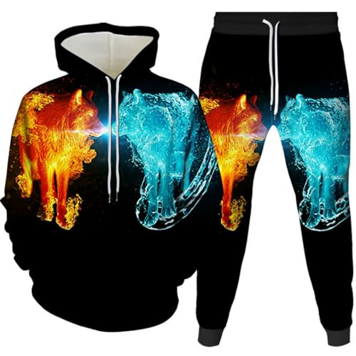 RIAAJ 3D wolf Jogginganzug Herren Jogging Sportanzug Fitness Sporthose Hose Hoodie Herren Trainingsanzug Zweiteiliges Set Freizeitanzug mit Löwen Tigermuster Sportsw (A13,4XL) von RIAAJ