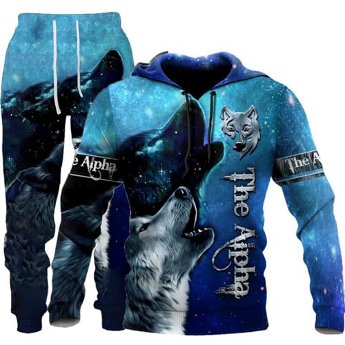 RIAAJ Herren Sets Trainingsanzüge Wolf 3D gedruckt Herren Hoodies + Sweatpants Zweiteiliger Anzug (F-Wolf- 4,M) von RIAAJ