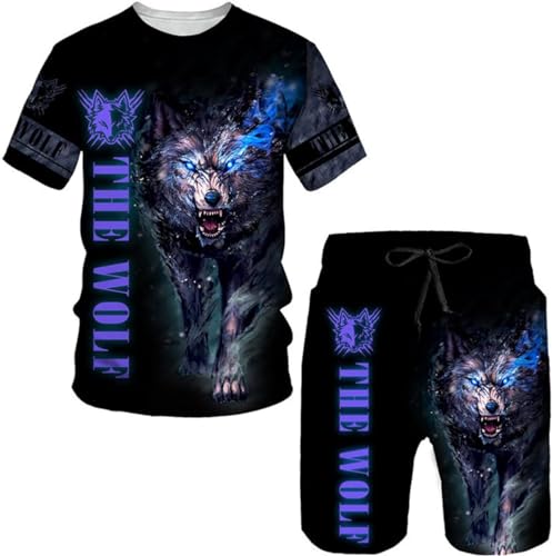 Herren Wolf T-Shirt Short Hosen 3D Animal Herren T-Shirt Shorts Set Street Casual Trainingsanzug Sportanzug (A1,3XL) von RIAAJ