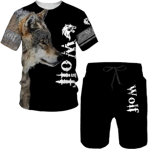 Herren Wolf T-Shirt Short Hosen 3D Animal Herren T-Shirt Shorts Set Street Casual Trainingsanzug Sportanzug (A5,L) von RIAAJ