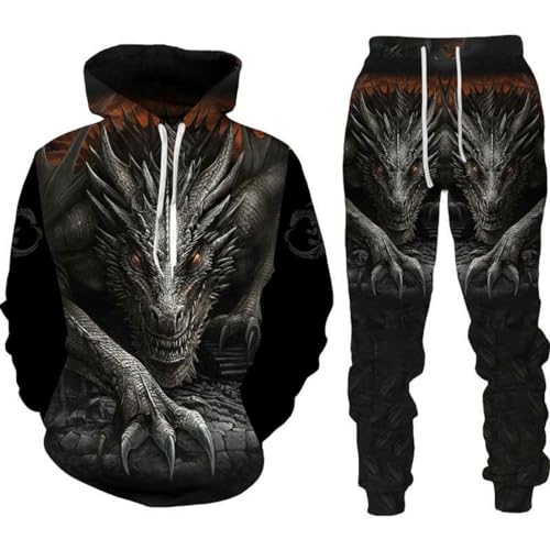 RIAAJ Männer Chinesischer Drache Hoodie 3D Gedruckt Lose Pullover Chinesischer Drache Sport Shirt Jogging Anzug Sport Set (F3,XL) von RIAAJ