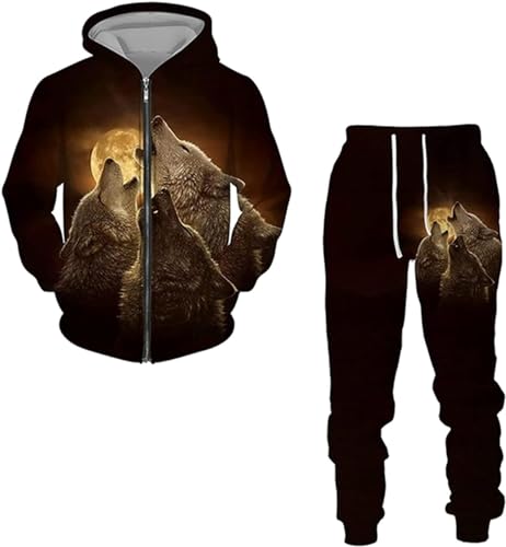 RIAAJ Wolf Herren Langarm Pullover Trainingsanzug 3D Hoodie und Sweatpants Set mit Zipper für Manner (A3,5XL) von RIAAJ