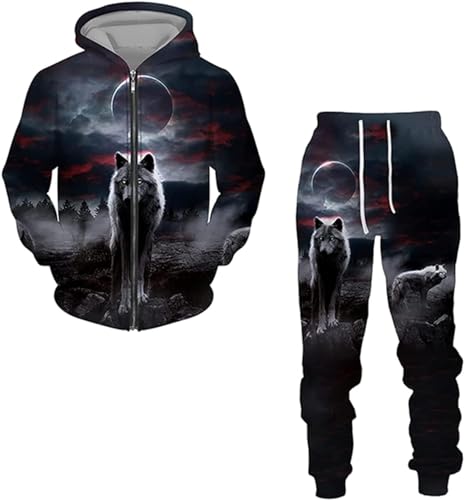 RIAAJ Wolf Herren Langarm Pullover Trainingsanzug 3D Hoodie und Sweatpants Set mit Zipper für Manner (A8,L) von RIAAJ