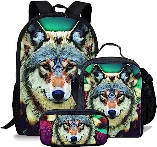 Wolf Schulranzen Set für Jungen Mädchen,3er Pack Schulrucksack Lässiger Tagesrucksack,Grundstufe Kinder Kinder Isolierte Brotdose,Bleistiftetui (A11,12.6inx5.5inx17in) von RIAAJ