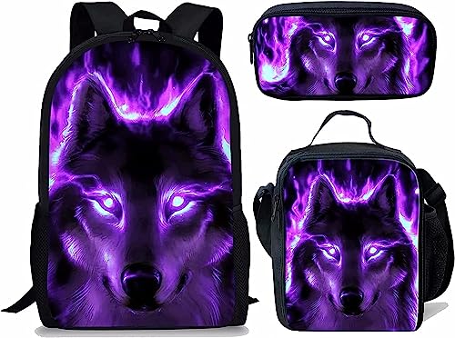 Wolf Schulranzen Set für Jungen Mädchen,3er Pack Schulrucksack Lässiger Tagesrucksack,Grundstufe Kinder Kinder Isolierte Brotdose,Bleistiftetui (A2,12.6inx5.5inx17in) von RIAAJ