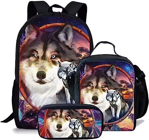 Wolf Schulranzen Set für Jungen Mädchen,3er Pack Schulrucksack Lässiger Tagesrucksack,Grundstufe Kinder Kinder Isolierte Brotdose,Bleistiftetui (A3,12.6inx5.5inx17in) von RIAAJ