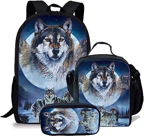 Wolf Schulranzen Set für Jungen Mädchen,3er Pack Schulrucksack Lässiger Tagesrucksack,Grundstufe Kinder Kinder Isolierte Brotdose,Bleistiftetui (A6,12.6inx5.5inx17in) von RIAAJ