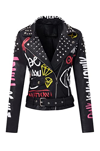 RISISSIDA Damen Kunstlederjacke Motorradfahrer Nieten Trendige Kleidung Frühling Herbst Mode Kurz Punk Streetwear Gürtel, 80 Schwarz, L von RISISSIDA