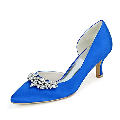 Damen Absatzschuhe Kleiner Kätzchen Absatz Hochzeits Pumps Schuhe Mit Strass Sexy Spitz Zehen Niedriger Absatz Braut Abschlussball Schuhe,Blau,37 EU von RJYAUEFR