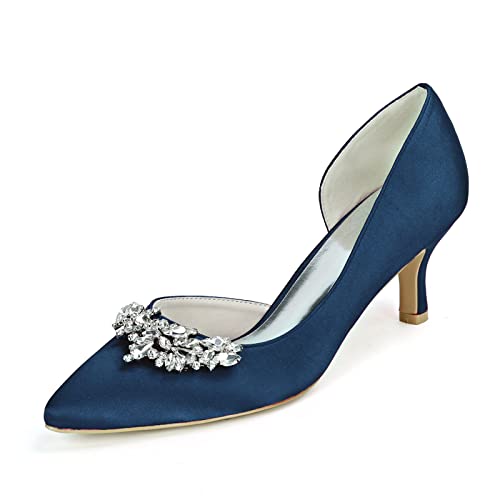 Damen Absatzschuhe Kleiner Kätzchen Absatz Hochzeits Pumps Schuhe Mit Strass Sexy Spitz Zehen Niedriger Absatz Braut Abschlussball Schuhe,Dark Blue,40 EU von RJYAUEFR