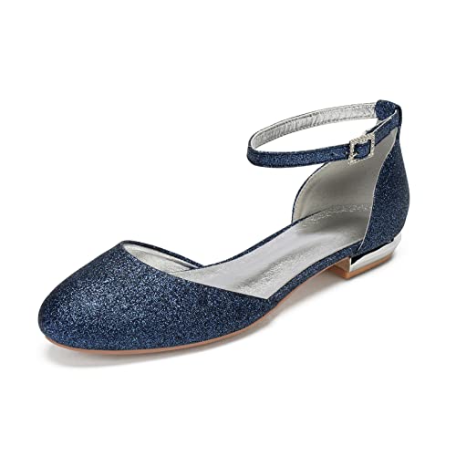 Damen Brautschuhe Runder Zeh Hochzeit Ballerina Flache Schuhe Glitzer Mary Jane Tanzschuhe,Dark Blue,36 EU von RJYAUEFR