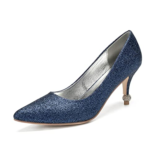 Damen High Heels Kätzchen Absatz Geschlossene Spitze Zehen Glitzer Pumps Slip-on Party Braut Hochzeitsschuhe,Dark Blue,40 EU von RJYAUEFR