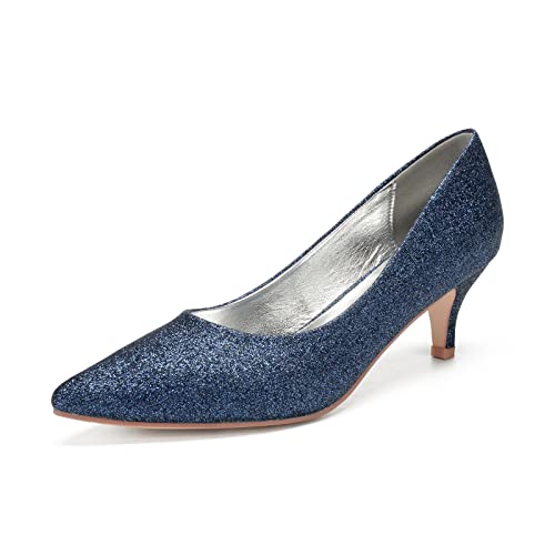 Damen Kätzchen Absatz Glitzer Pumps Spitze Zehen Niedrige Absatz Slip on Elegant Hochzeitsschuhe,Dark Blue,37 EU von RJYAUEFR