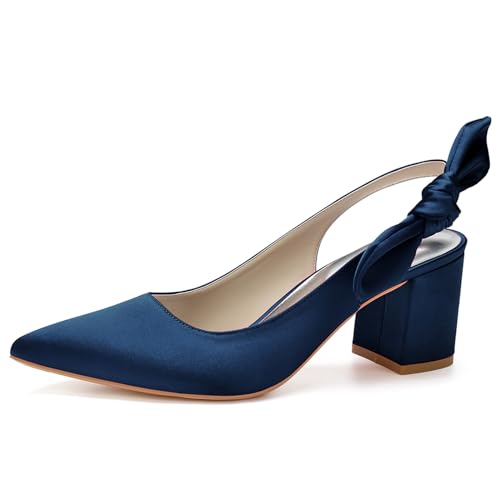 Damen Mittlerer Blockabsätz Pumps mit Spitze Zehen Slingback Sommer Sandalen,Dark Blue,35 EU von RJYAUEFR