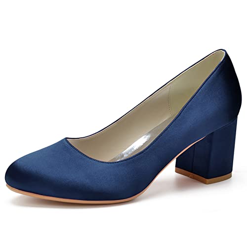 Damen Niedrige Blockabsätze Arbeit Pumps Runde Zehe Kleid Hochzeitsschuhe,Dark Blue,37 EU von RJYAUEFR