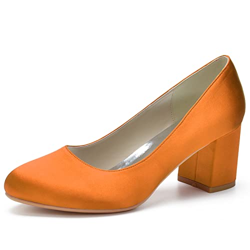 Damen Niedrige Blockabsätze Arbeit Pumps Runde Zehe Kleid Hochzeitsschuhe,Orange,37 EU von RJYAUEFR