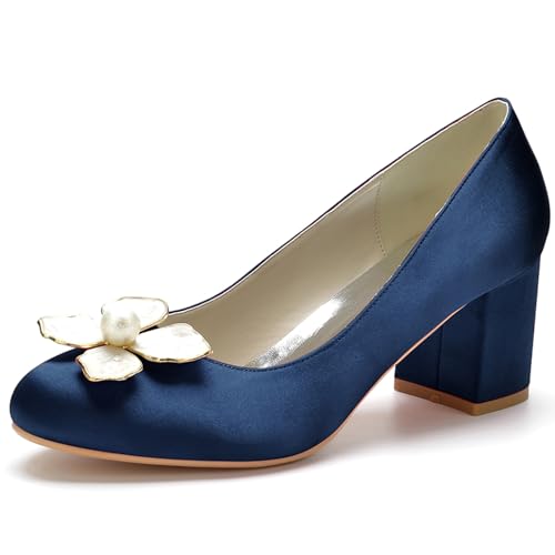 Damen Satin Brautschuhe Mit Blockabsatz Pumps Geschlossene Runde Zehe Party Hochzeit Schuhe,Dark Blue,43 EU von RJYAUEFR