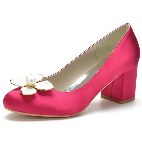 Damen Satin Brautschuhe Mit Blockabsatz Pumps Geschlossene Runde Zehe Party Hochzeit Schuhe,Fuchsia,39 EU von RJYAUEFR