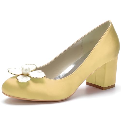 Damen Satin Brautschuhe Mit Blockabsatz Pumps Geschlossene Runde Zehe Party Hochzeit Schuhe,Gold,35 EU von RJYAUEFR