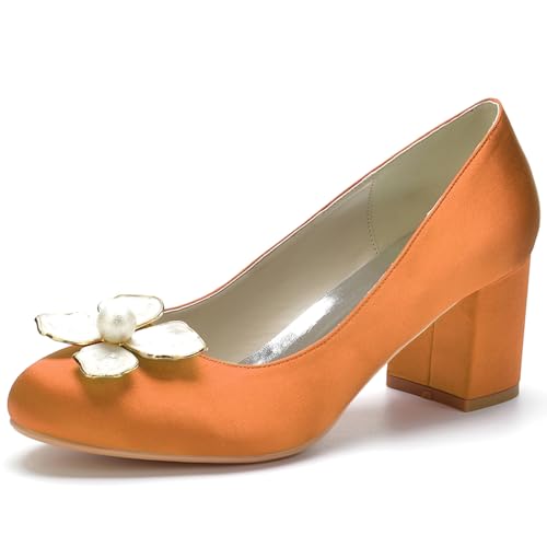 Damen Satin Brautschuhe Mit Blockabsatz Pumps Geschlossene Runde Zehe Party Hochzeit Schuhe,Orange,36 EU von RJYAUEFR