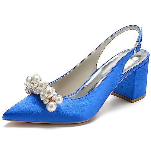 Damen Slingback Pumps Geschlossene Zehe Blockabsatz Lässige Klobige Absätze Abend Party Schuhe,Blau,35 EU von RJYAUEFR